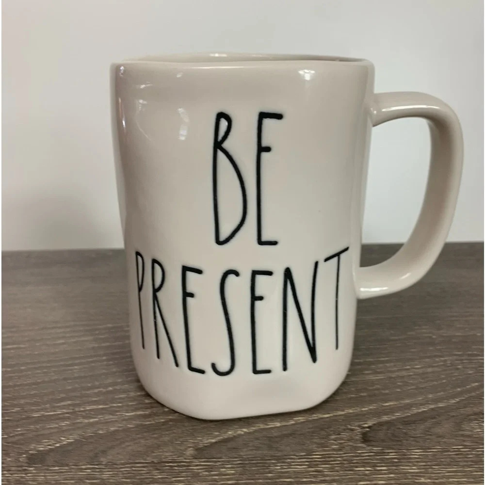 Rae Dunn Coffee Mug Be Present White Black Ceramic Letters Script Magenta